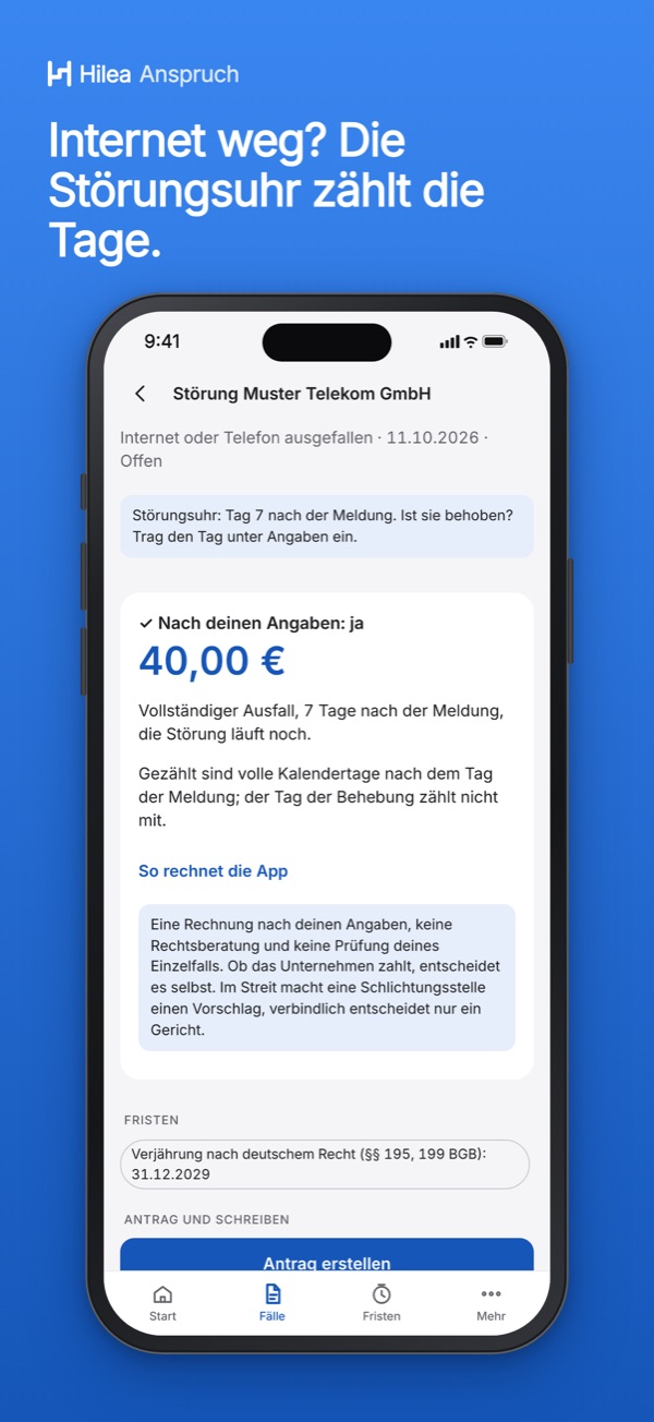 Hilea Anspruch: Internet weg? Die Störungsuhr zählt die Tage.