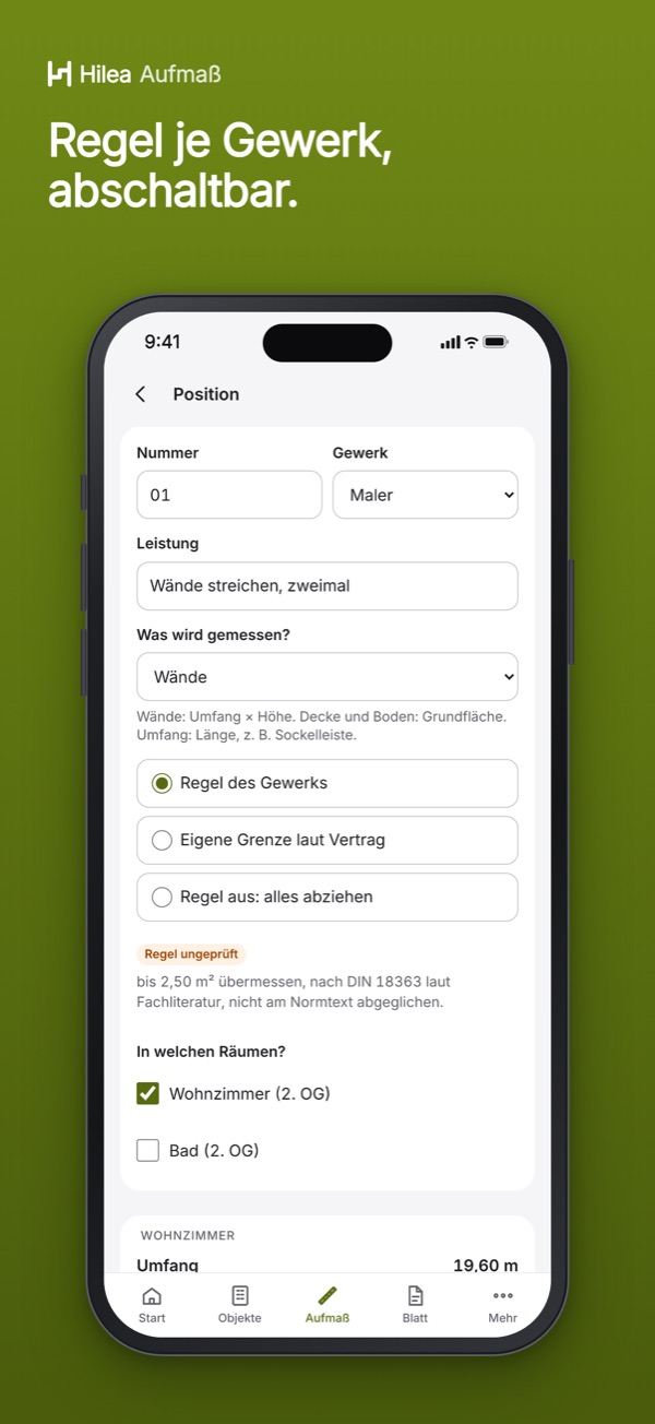 Hilea Aufmaß: Regel je Gewerk, abschaltbar.