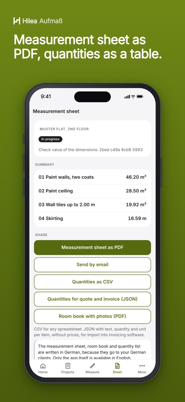 Hilea Aufmaß: Measurement sheet as PDF, quantities as a table.