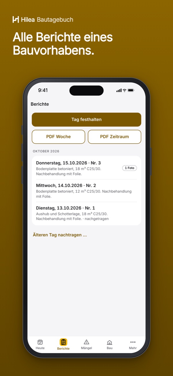 Hilea Bautagebuch: Alle Berichte eines Bauvorhabens.