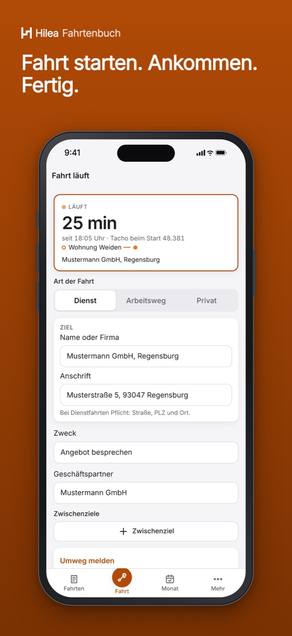 Hilea Fahrtenbuch: Fahrt starten. Ankommen. Fertig.