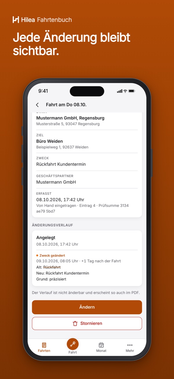 Hilea Fahrtenbuch: Jede Änderung bleibt sichtbar.