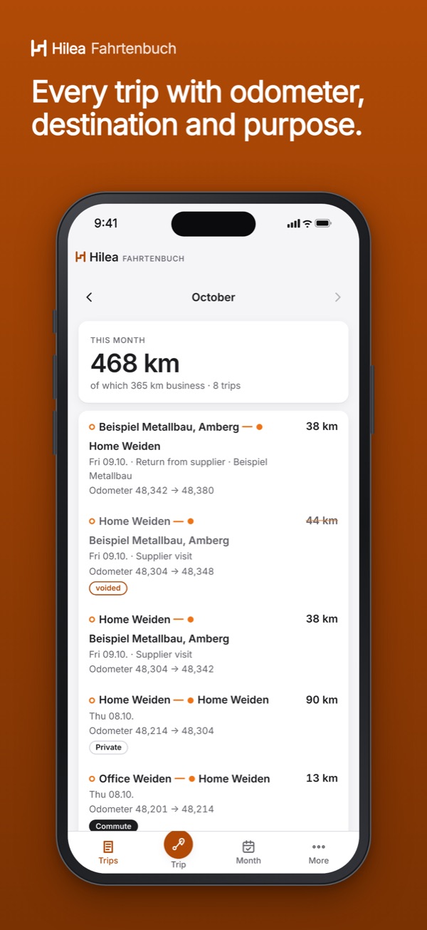 Hilea Fahrtenbuch: Every trip with odometer, destination and purpose.