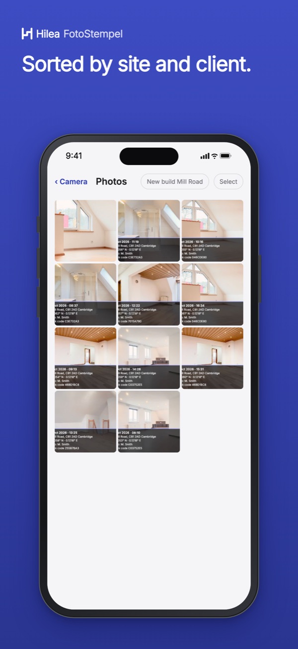 Hilea FotoStempel: Sorted by site and client.