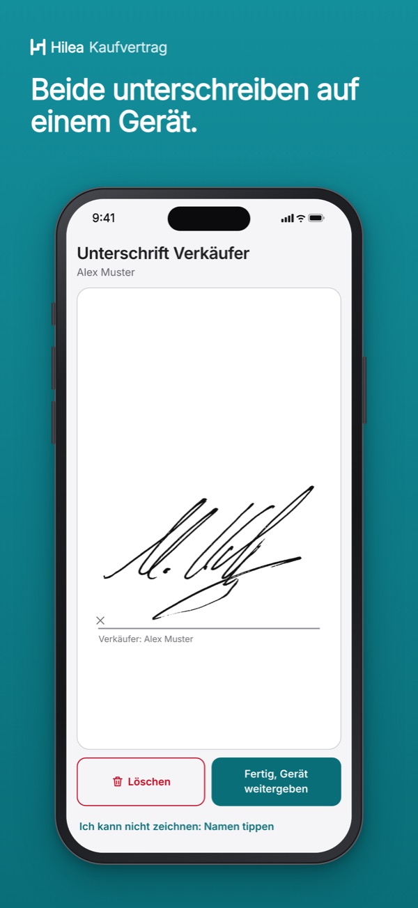 Hilea Kaufvertrag: Beide unterschreiben auf einem Gerät.