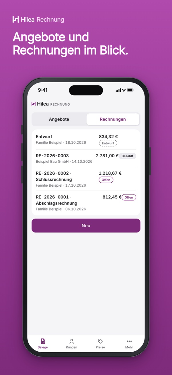 Hilea Rechnung: Angebote und Rechnungen im Blick.