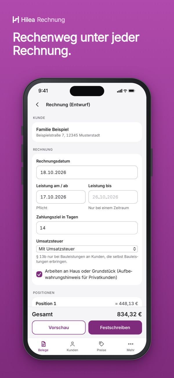 Hilea Rechnung: Rechenweg unter jeder Rechnung.