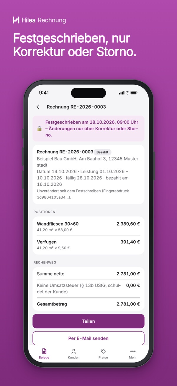Hilea Rechnung: Festgeschrieben, nur Korrektur oder Storno.