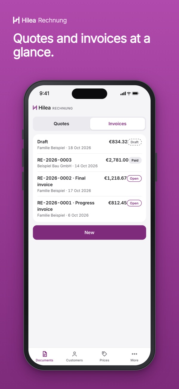 Hilea Rechnung: Quotes and invoices at a glance.