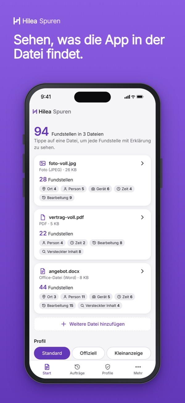 Hilea Spuren: Sehen, was die App in der Datei findet.