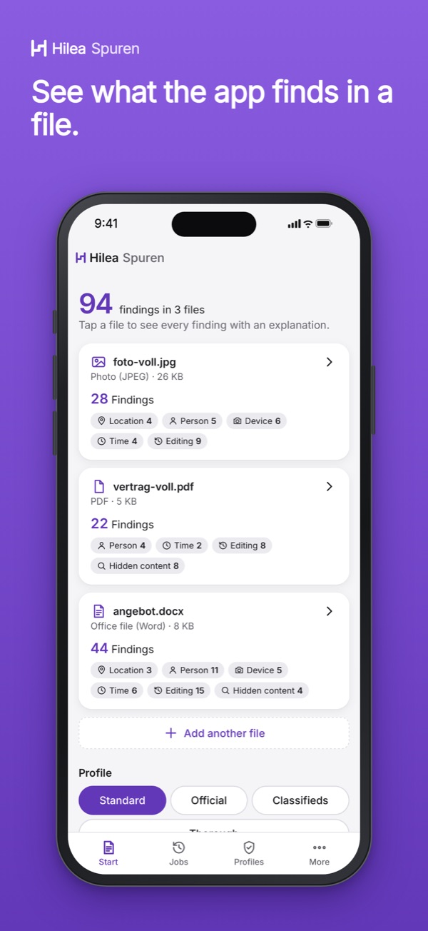 Hilea Spuren: See what the app finds in a file.