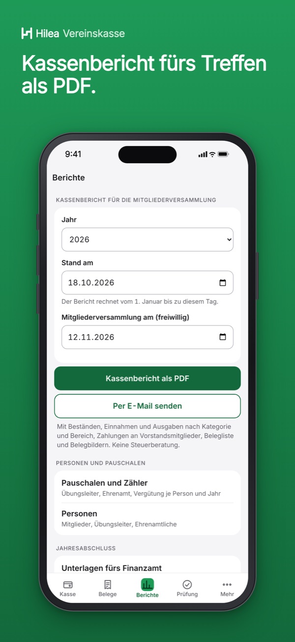 Hilea Vereinskasse: Kassenbericht fürs Treffen als PDF.