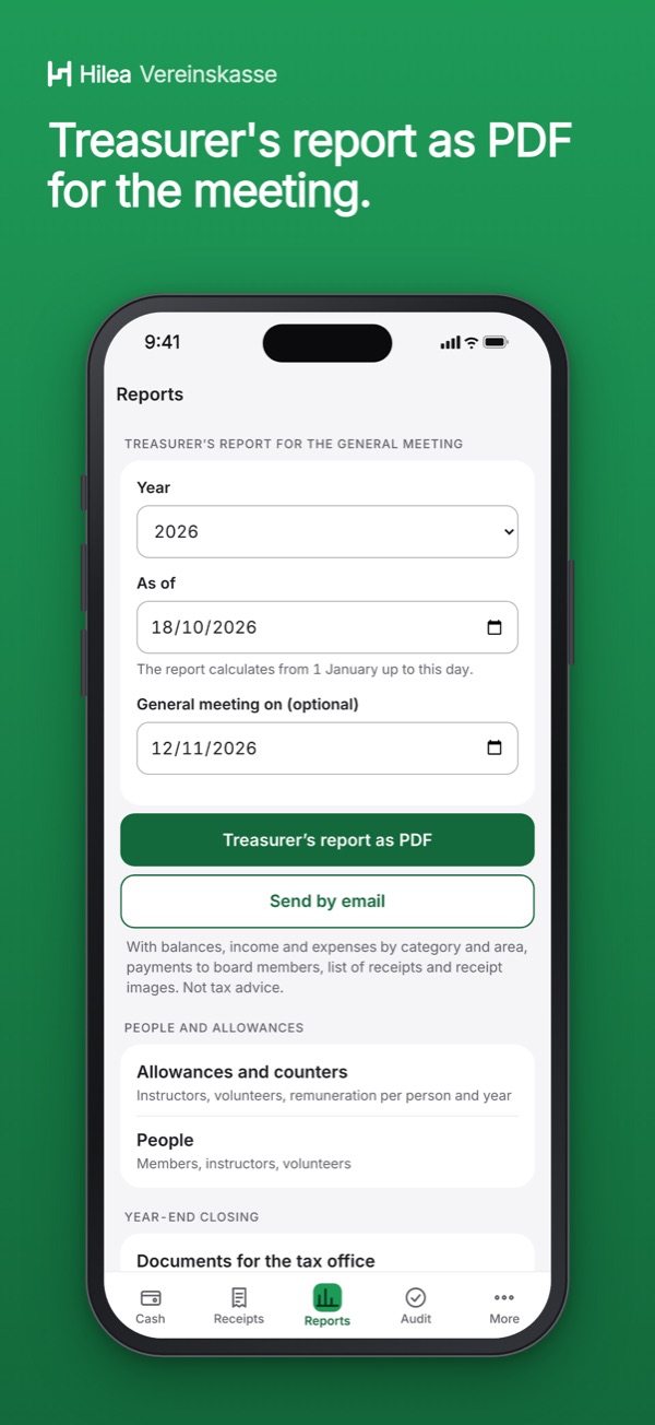 Hilea Vereinskasse: Treasurer's report as PDF for the meeting.