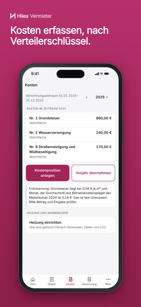 Hilea Vermieter: Kosten erfassen, nach Verteilerschlüssel.